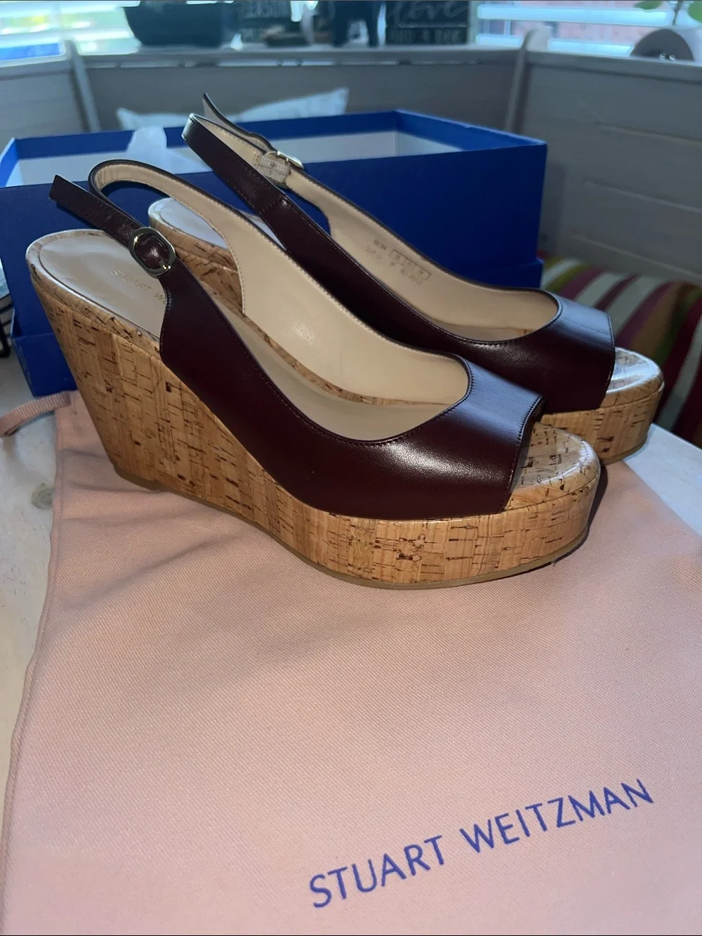 Stuart Weitzman Mahogany Leather Cork Wedge Slingbacks